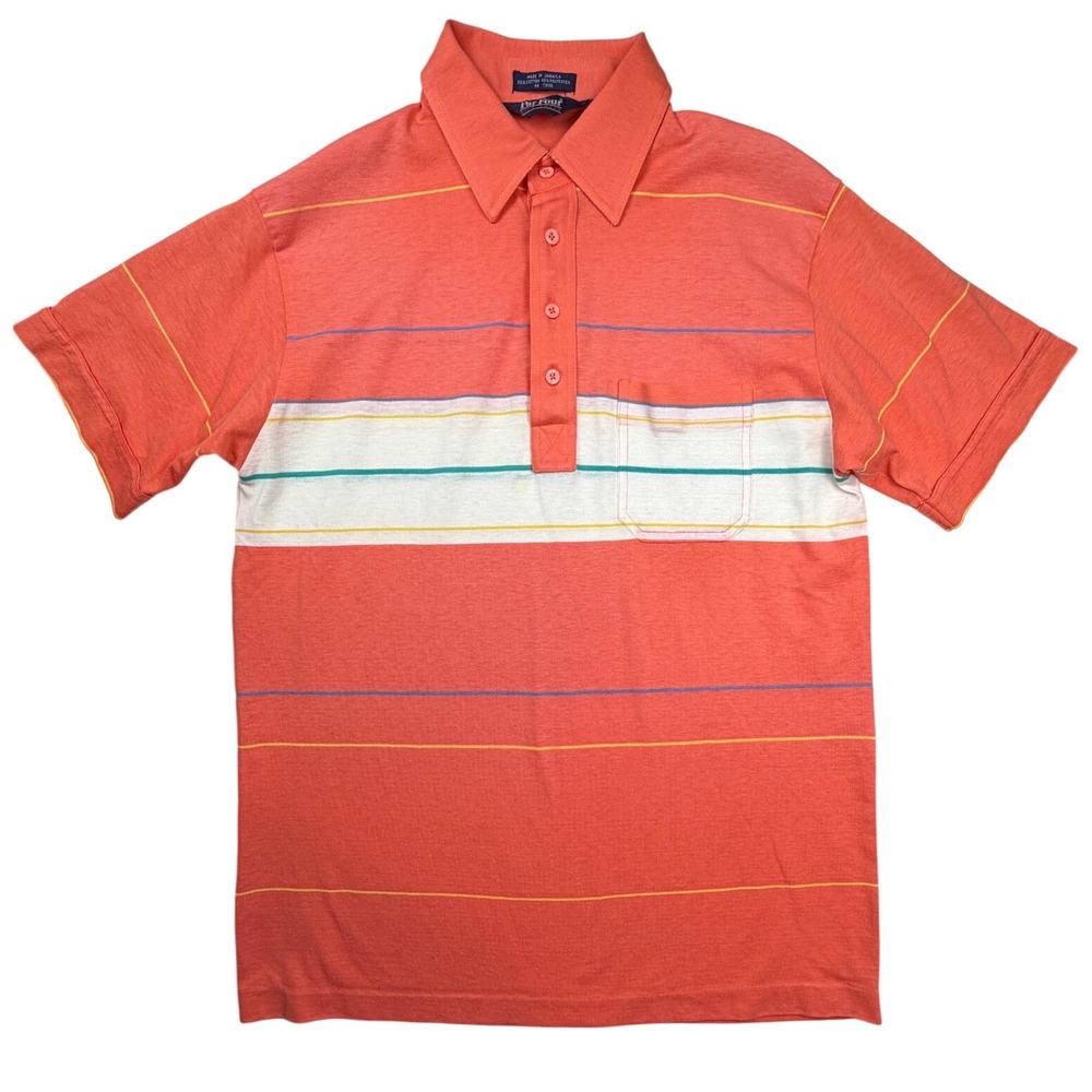 Vintage Par Four Sportswear Mens Orange Striped Polo Shirt Short Sleeve Medium